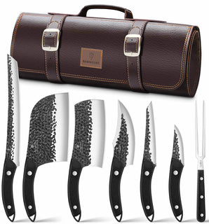 8-teiliges Metzger-Messerset, japanisches Küchenmesserset, handgeschmiedetes Kochmesserset mit Lederrolltasche, scharfes Fleischbeil für Küche, Jagd, Camping und Grillen, bestes Geschenk für Männer