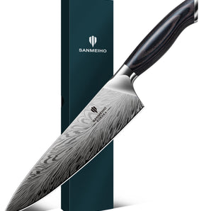SANMEIHO Powder Steel Chef's Knife, Japanese Kitchen Knife, 20 cm Professional High Carbon Chef's Knife, Ultra-Sharp All-Purpose Knife with Ergonomic Full Tang Pakkawood Handle