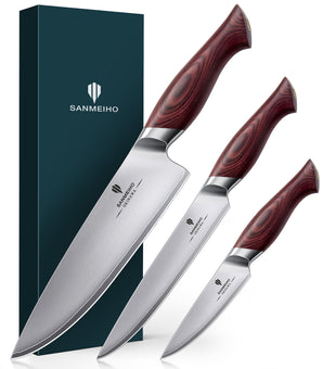 Japanisches Messerset 3-teilig, Hochkohlenstoff 10Cr15Mov Edelstahl Kochmesserset, Ultrascharfes professionelles Küchenmesserset mit ergonomischem Pakkaholzgriff und eleganter Geschenkbox