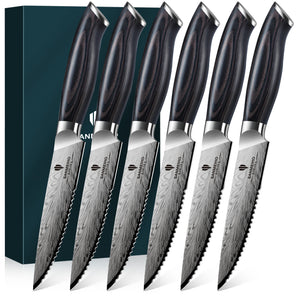 Steak Knives Set of 6, Ultra Sharp 4.5 Inch High Hardness Powder Steel Steak Knife Set, Serrated Steak Knives with Ergonomic Pakkawood Handle Japanese Knives for Steak, Bread and Butter