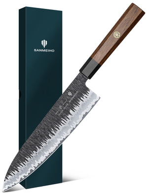 20 cm japanisches Kochmesser, handgeschmiedetes Gyuto-Messer mit 9 Lagen hochkohlenstoffhaltigem 10Cr15MOV-Stahl, ultra scharf und langlebig, professionelles japanisches Sashimi-Messer mit ergonomischem Rosenholzgriff