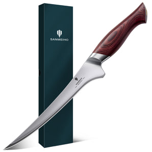 Filetiermesser 18 cm, Rasiermesserscharfes Fisch- und Fleischentbeinungsmesser aus 10Cr15Mov japanischem Hochkohlenstoffstahl, Professionelle Küche mit flexibler Klinge und ergonomischem Pakkaholzgriff