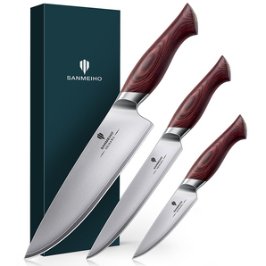 Set de couteaux japonais 3 pièces, acier inoxydable 10Cr15Mov à haute teneur en carbone, set de couteaux de chef ultra tranchants professionnels avec manche ergonomique en pakkawood et boîte cadeau élégante