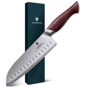 Couteau de chef 7 pouces, couteau santoku en acier inoxydable japonais 10Cr15Mov à haute teneur en carbone, couteau de cuisine professionnel ultra tranchant avec manche ergonomique en pakkawood