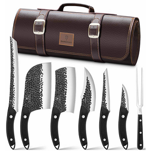 8 PCS Butcher Knife Set, Japanese Kitchen Knife Set, Hand Forged Chef Knife Set with Leather Roll Bag, Sharp Meat Cleaver Knife for Kitchen & Hunting & Camping & BBQ, Best Gift for Men