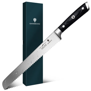 8" Bread Knife - Sourdough Cake Knife Professional 5Cr15MoV Stainless Steel Serrated Knives, Ergonomic Wood Handle & Full Tang Design, Gift Box Included(Single-Edge)